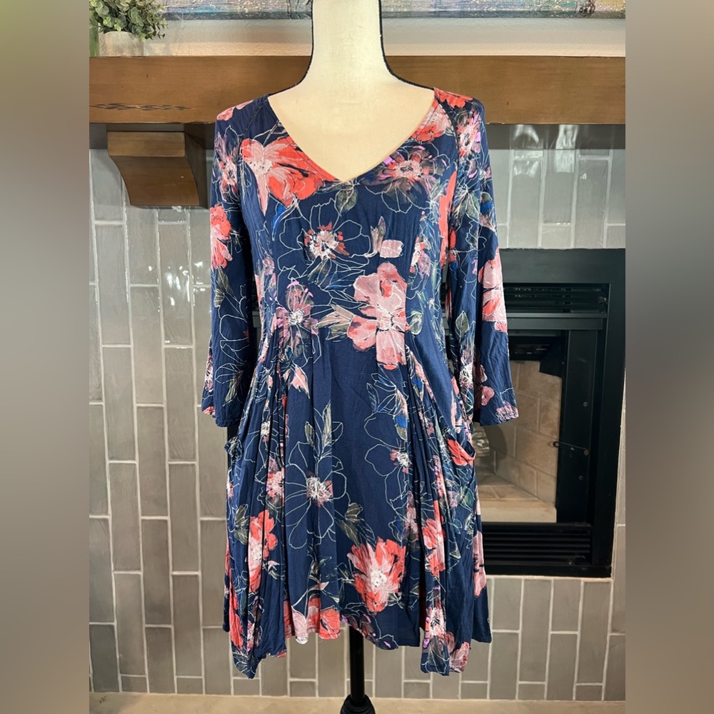 #153 Free People Navy Floral Long Sleeves Mini Dress Vneck Bell Sleeve Size 2 - Picture 2 of 7